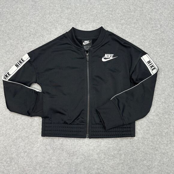 NIKE Tricot Track Jacket Girls XS Black White Spellout Logo Full Zip Long Sleeve - Picture 3 of 7